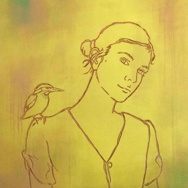 Girl with Kingfisher, 2020. Acryl auf Sperrholzschnitt, 73 x 70 cm, Foto: Silke Schmidt